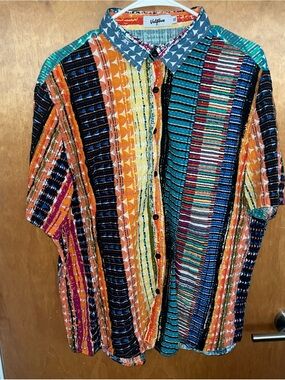 Viatpave Multicolor Striped Short-Sleeve Button-Down Shirt — Orange & Teal